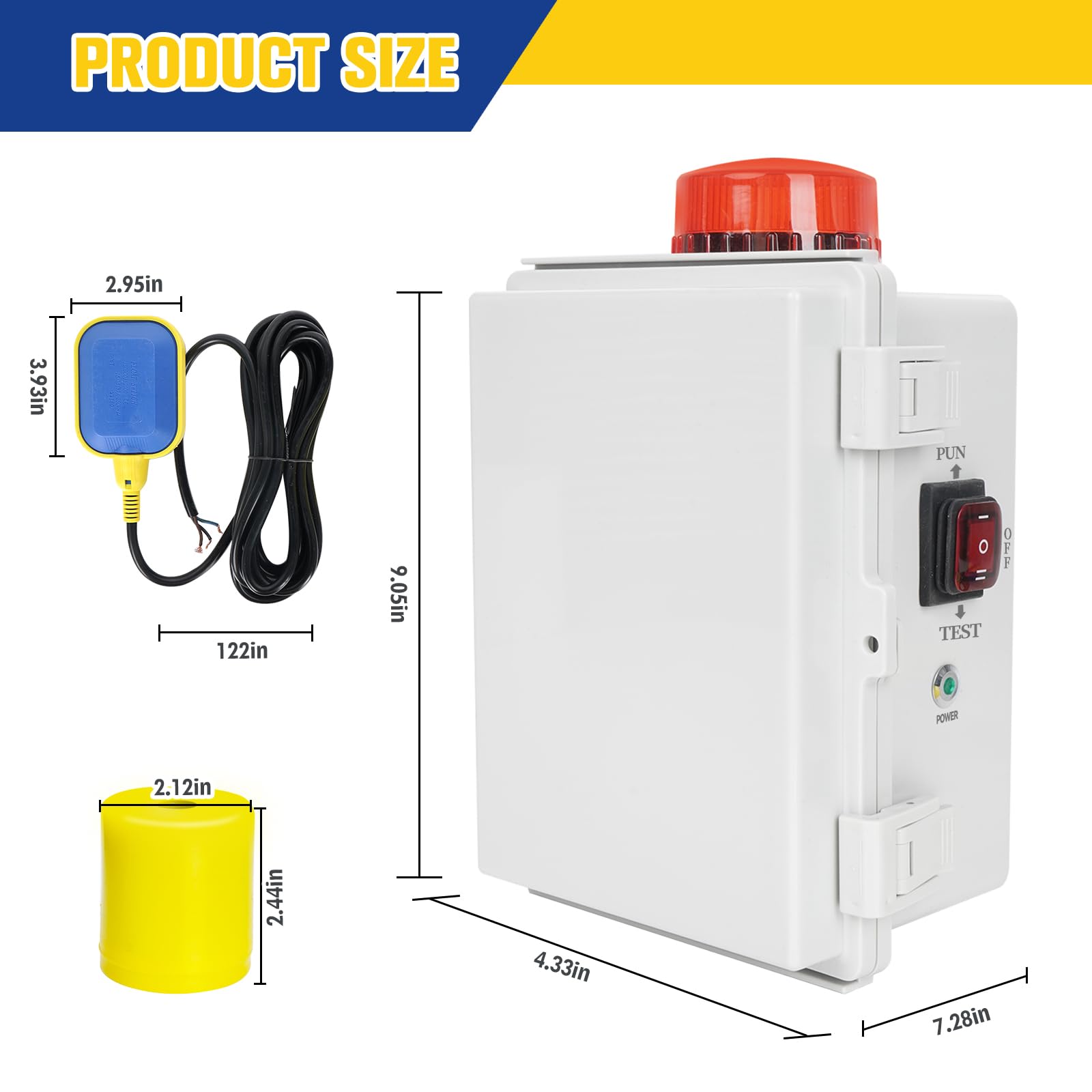 Alarme de pompe septique haute eau pompe de puisard d'alarme 110 dB panneau de commande de pompe avec interrupteur à flotteur, lumière clignotante lumineuse, boîtier étanche IP67, compatible avec
