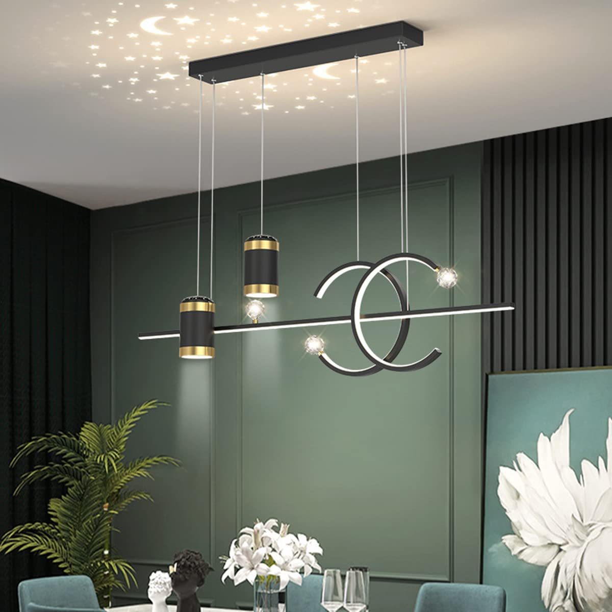 Bellastein Moderne LED Esstisch Hängelampe Neu Entwurf sternenklarer Himmel Pendelleuchte Höhenverstellbar Fernbedienung Hängeleuchte für Esszimmer Wohnzimmer Büro Pendellampe (Schwarz)