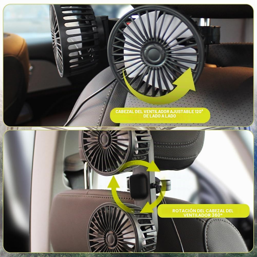 Ventilador de Coche, Ventilador Coche con 3 Velocidades, Ventilador de Coche Para Asiento Trasero, Ventilador Coche Doble Cabeza, para el Hogar, Oficina, Caravana, Barco