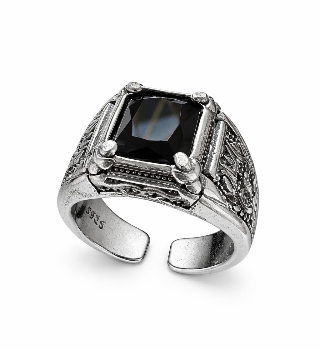 Générique Bague/Chevalière en Argent avec Massive Obsidienne Noire, Adaptable, Style Élégant/Masculin, S’ajuste par pression vers l’intérieur ou l’extérieur