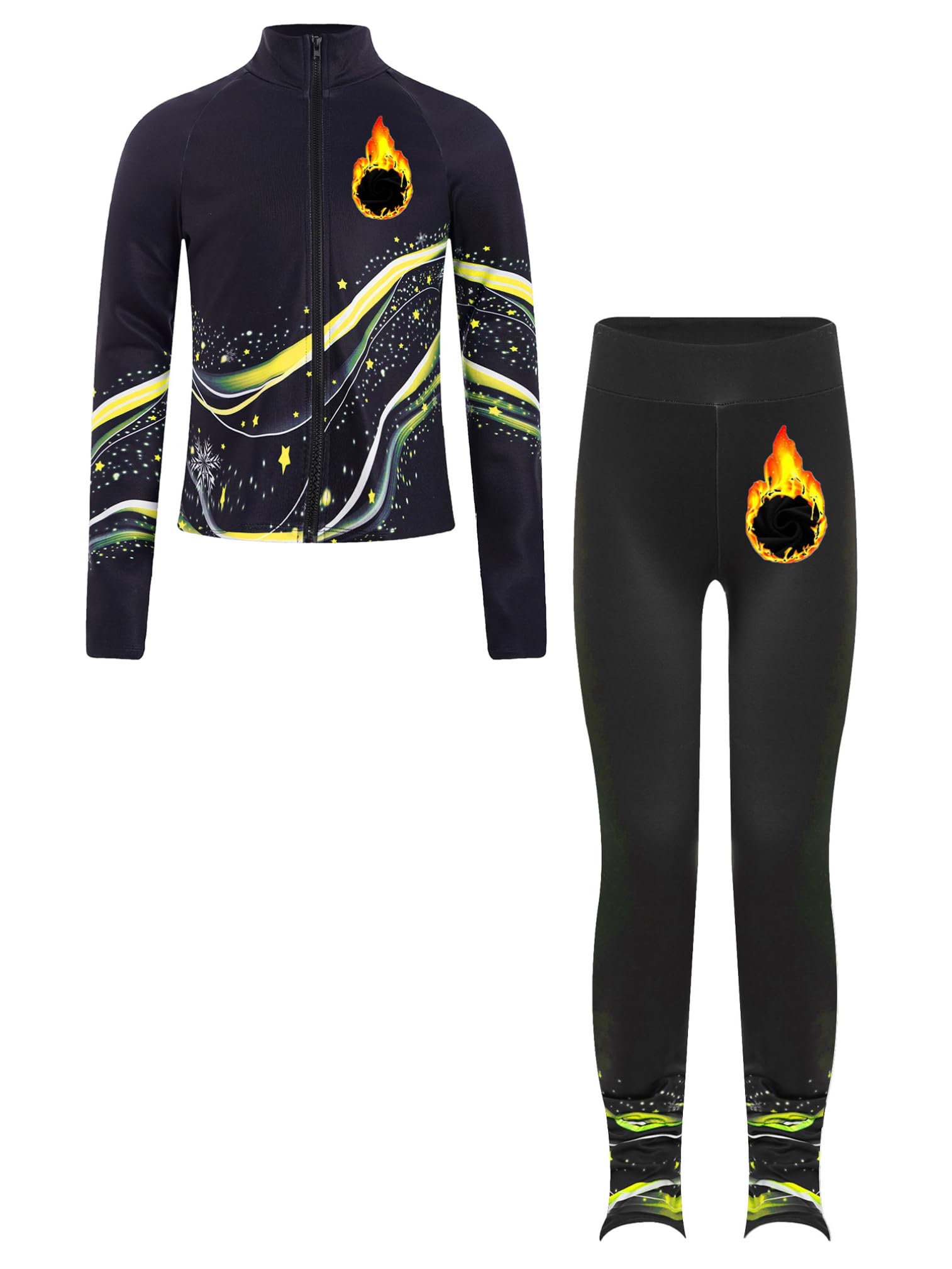 ranrann Ensemble Patinage Artistique Fille Veste Chaud Polaire avec Pantalon Collant Legging Tenue Patinage sur Glace Sport A Jaune fluo 9-10 ans