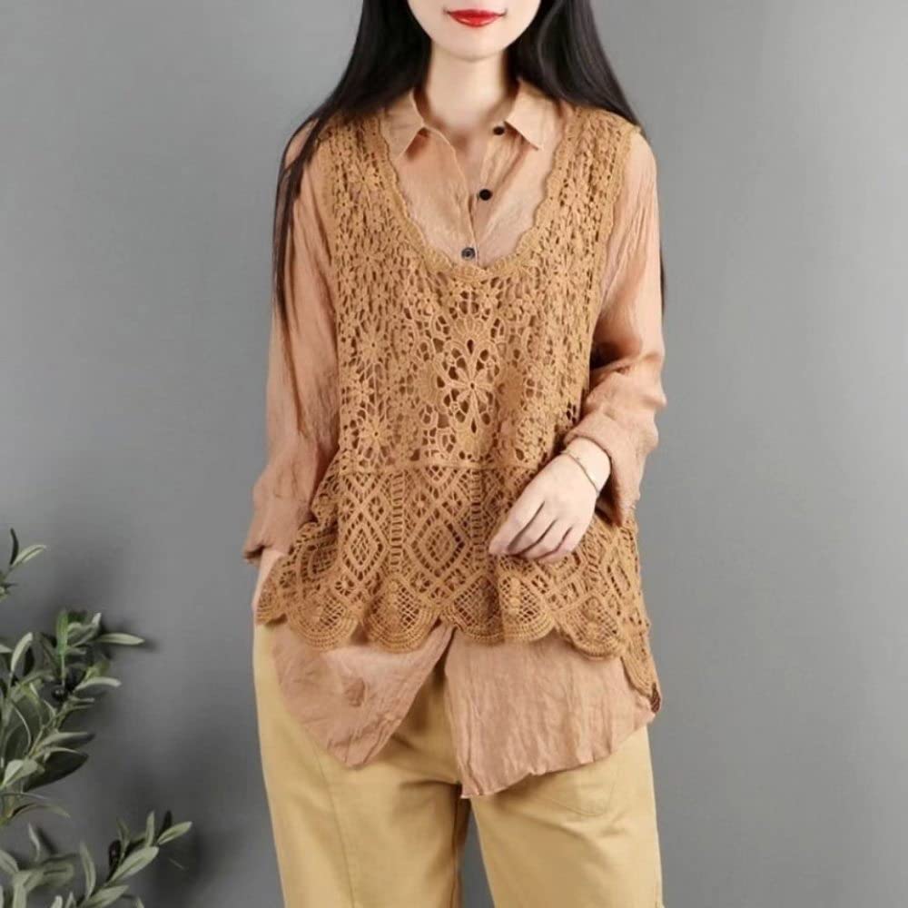 OZEO Gilet da Donna,Gilet da Donna Casual Etnico Maglione Boho Floreale in Pizzo Traforato Gilet Senza Maniche Slim Maglioni Gilet Canotte Esotiche per Ragazze da Donna,Cachi,S