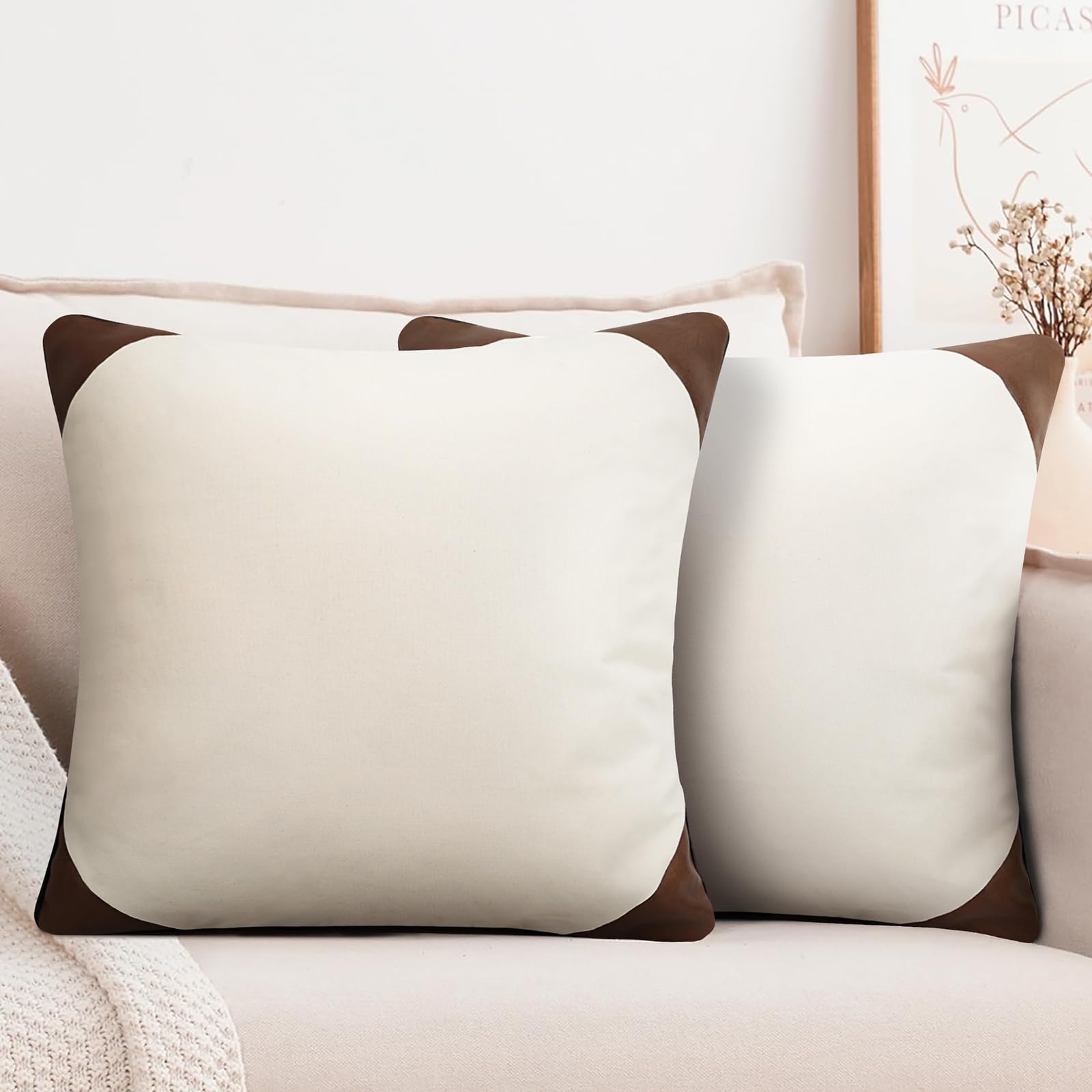 MerrycolorSet of 2 Faux Leather and Beige Linen Pillow Covers 18x18 Inch Patchwork Modern Farmhouse Throw Pillow Covers Brown Leather Decorative Pillow Cover for Couch Sofa (Beige and Brown)