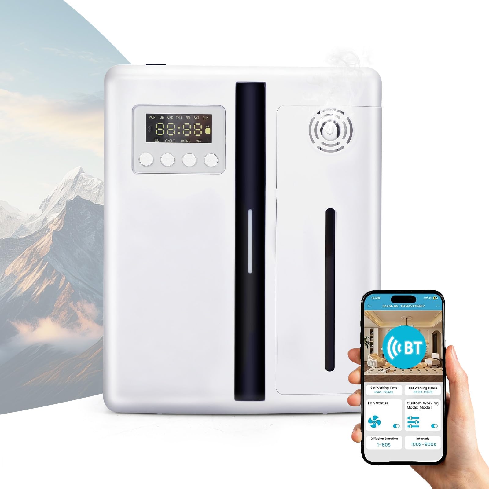 Difusor de Aroma Inteligente Sin Agua, Difusor Aceites Esenciales con Pantalla LCD Bluetooth Inteligente, Difusor de Aromaterapia para Hogar, Dormitorio, SPA y Hotel (Sin Aceites)