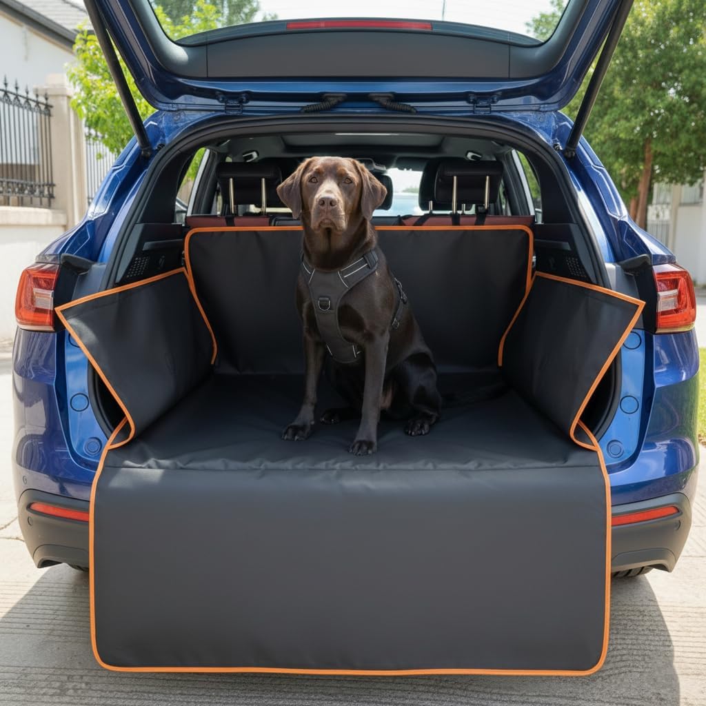 Heavy-Duty Non-Slip Trunk Cargo Liner, Waterproof All-Weather Rear Boot Mat Compatible with SUVs and Sedans, Scratchproof Pet and Cargo Protector, Black & Orange Trim