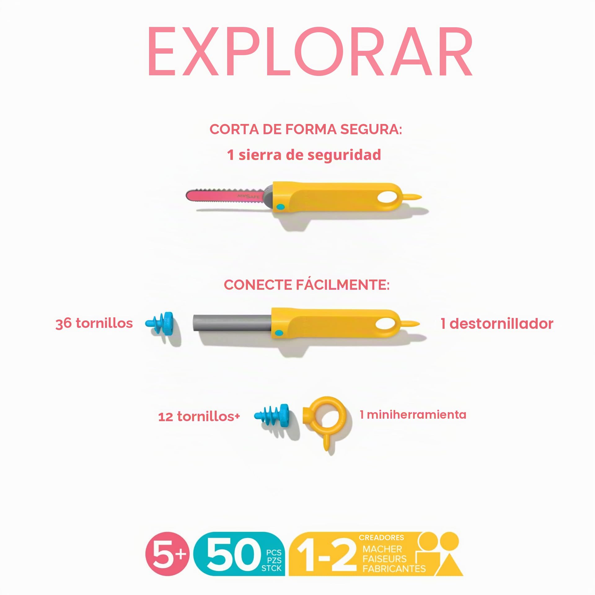 Makedo EXPLORE, Kit herramientas construcción cartón reciclado (50 piezas). Juguetes educativos STEM y STEAM para jugar en casa y en el Aula. Herramientas Reutilizables para niños a partir de 5 años
