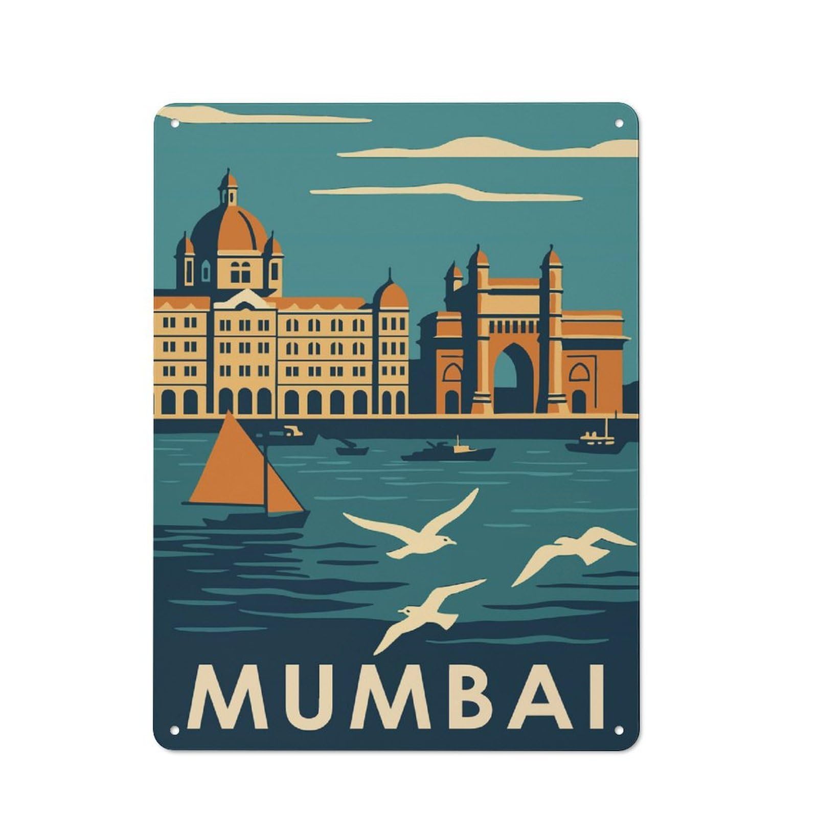 Junmoney Style-8 Metal Wall Sign 40X30cm Featuring Mumbai Travel For Café Or Home Bar, For Collectors Decorating Cafés And Home Bars