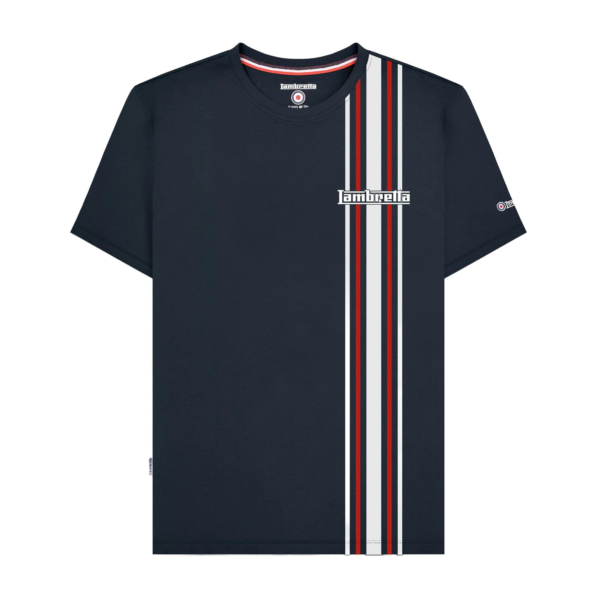 Lambretta Mens Racing Stripe Logo Retro T Shirts (UK, Alpha, 3XL, Regular, Regular, Navy)