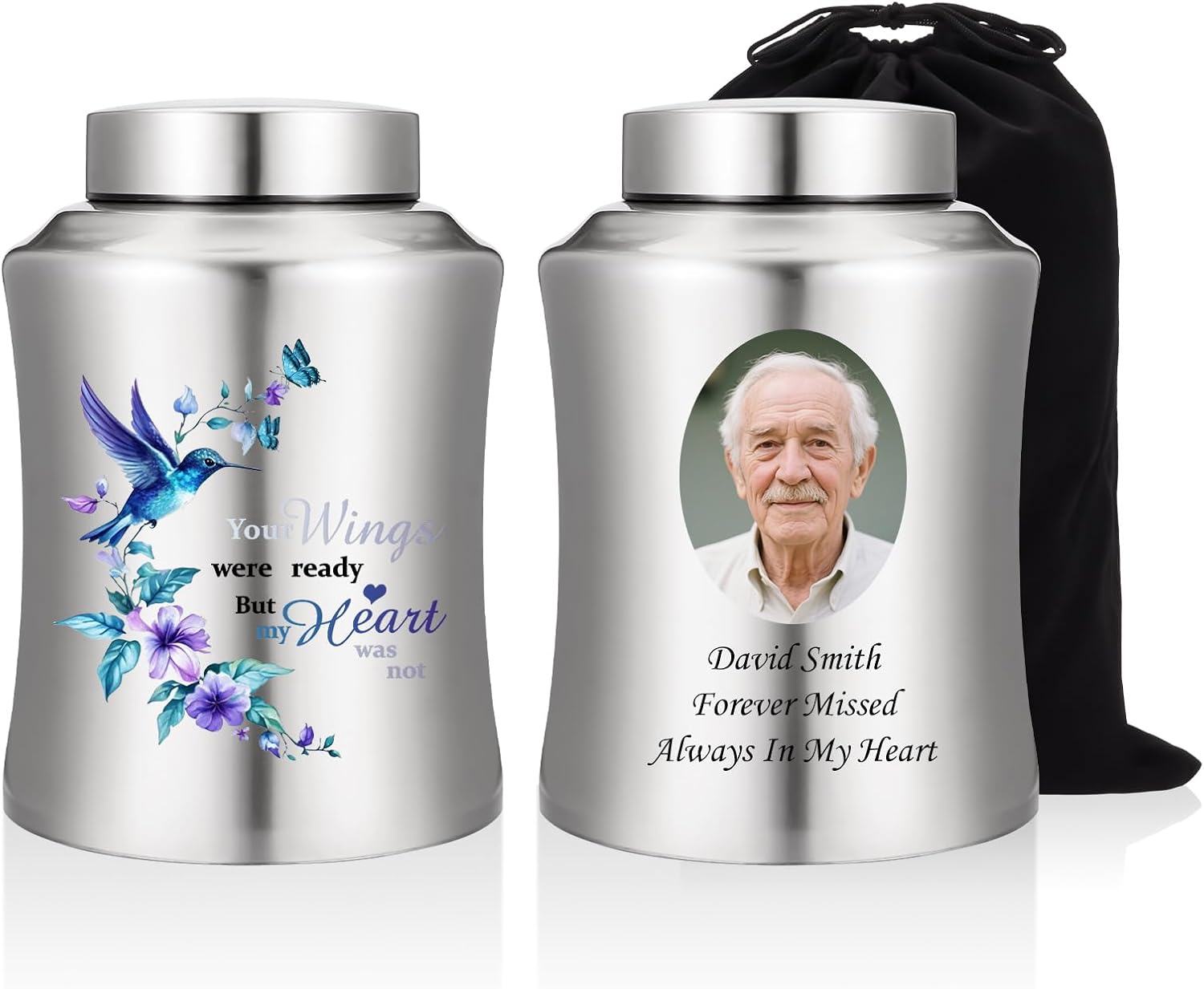 SOITIS Picture Customized Cremation Urns for Human Ashes 8.47 Inches Stainless Steel Urn Decorative Urns for Adult Human Ashes Memorial Funeral Burial Urn for Ashes Adult Male Female Keepsake Holder