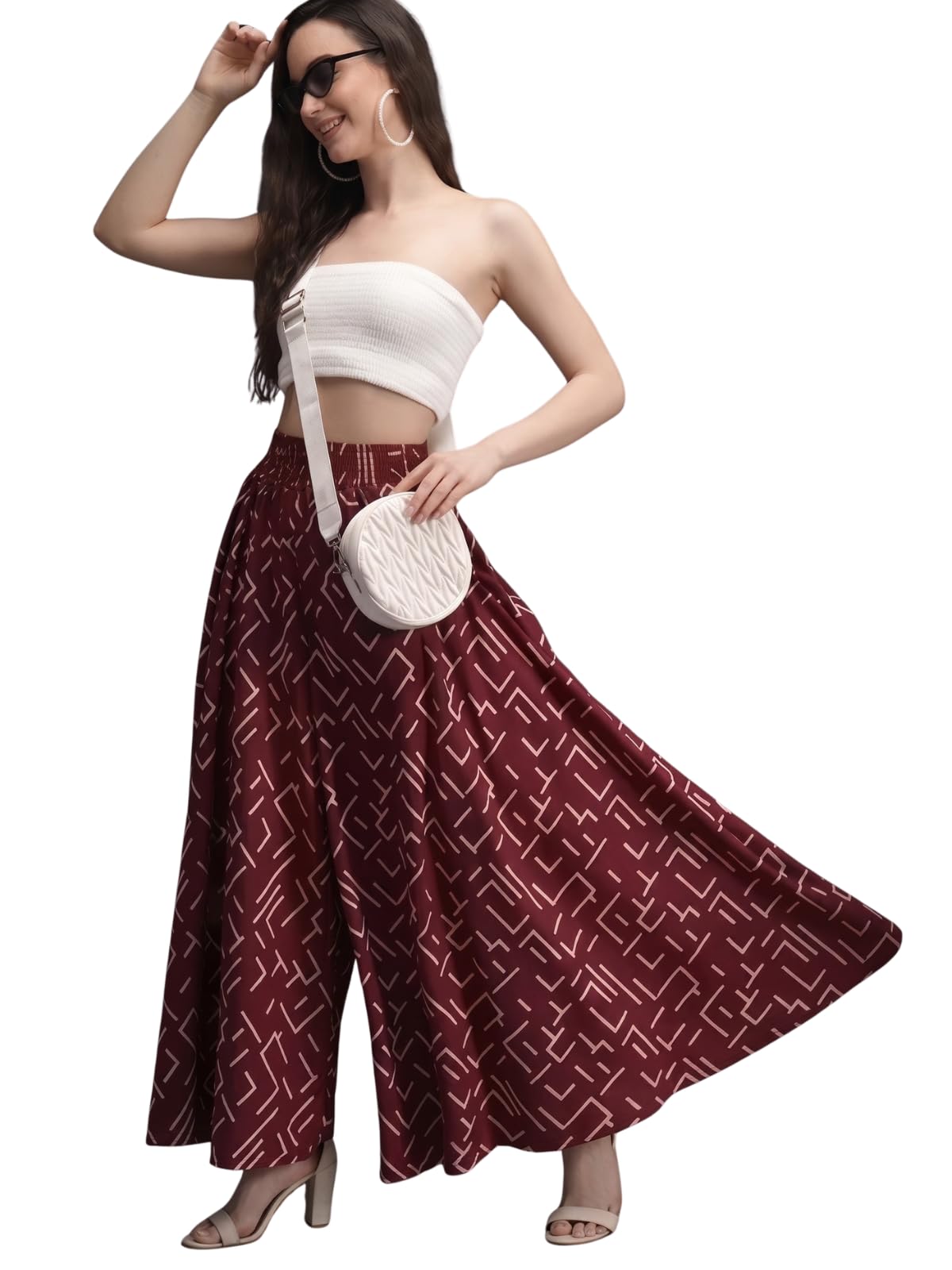 OMFEELS Presented Women's Geometric Print Wide Leg Palazzo Pants, Flared Style, Casual Wear Elasticated Waist, Free Size (28 to 42 Waist) Maroon-picture-40