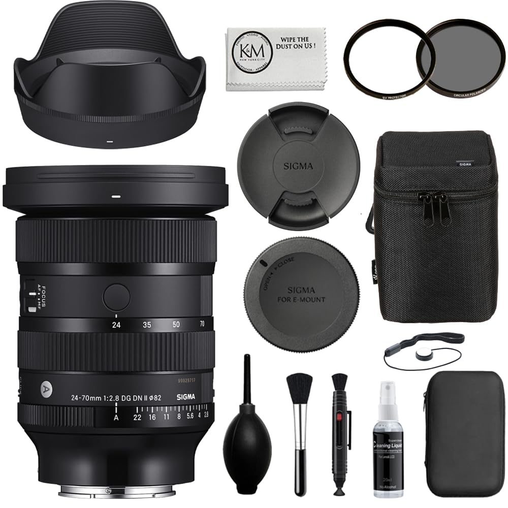 Sigma 24-70mm f/2.8 DG DN II Art Lens for Sony E-Mount Bundle with Tiffen 82mm Twin Filter Kit (UV &amp; CPL) with Pouch + Deluxe Cleaning Kit - Dust Blower, Brush, Lens Pen, Cap Keeper + Microfiber Cloth