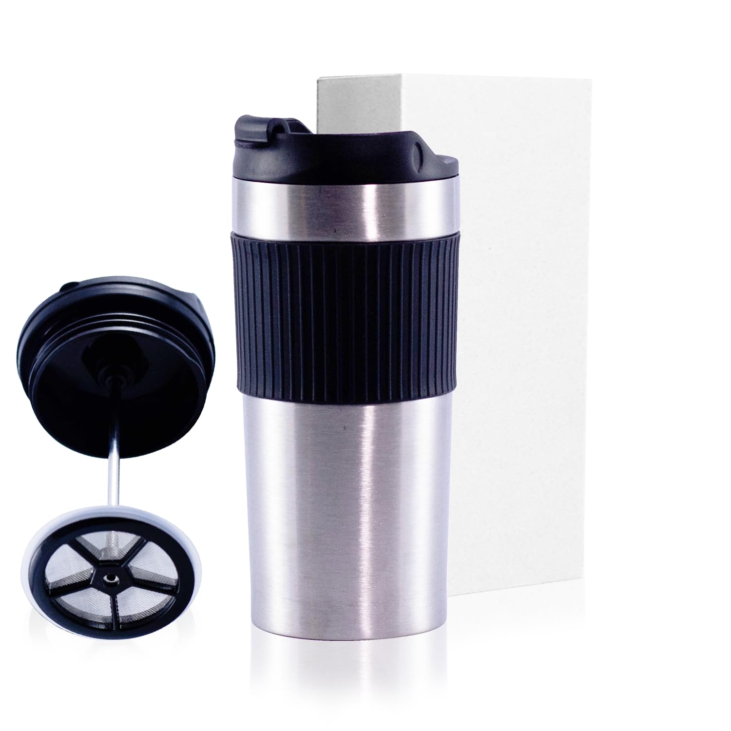 15oz Double Wall Stainless Steel Insulated French Press Coffee and Tea Maker - Portable Camping Mug and Tumbler - Heat Retaining, Leak-Proof, Travel-Friendly for Office and Outdoor Adventures (Silver)