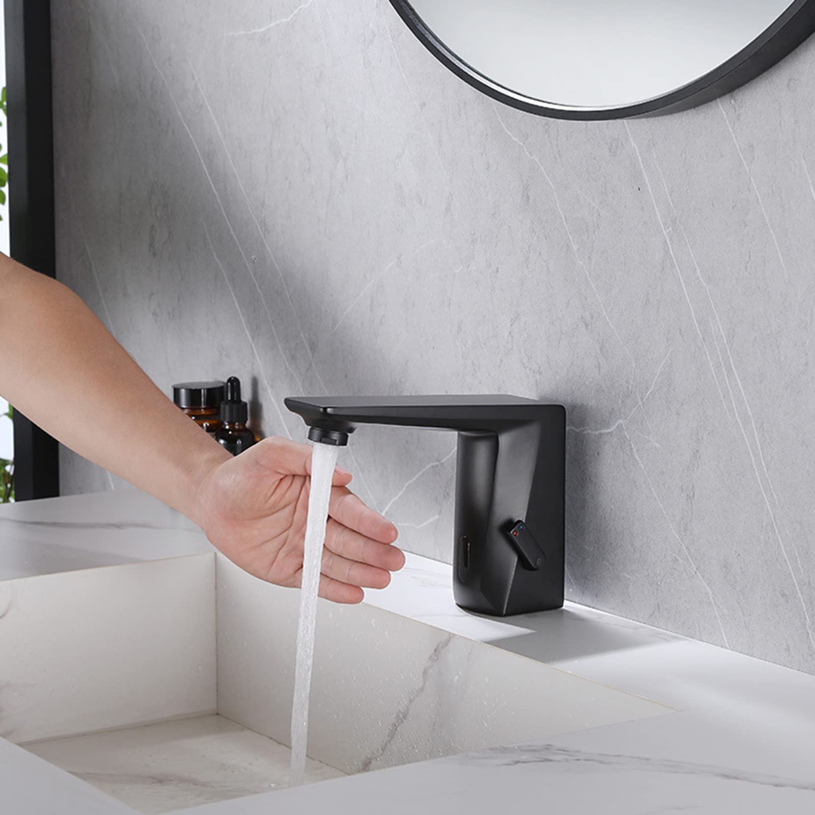 XJTNLB Grifo Baño Sensor Automatico Grifería Lavabos, Grifo de Lavabo Automático con Sensor Infrarrojo Negro