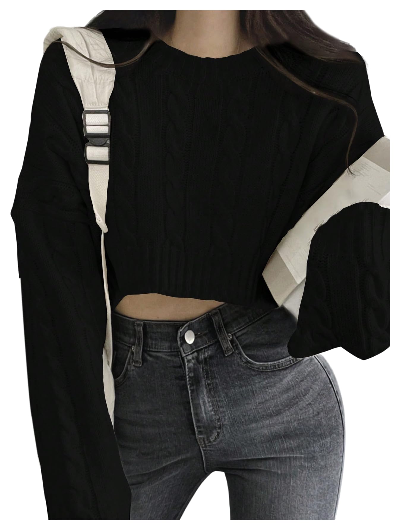 SHENHE Womens Cable Knit Cropped Sweater Crew Neck Long Sleeve Loose Sweater Pullover