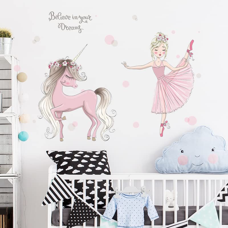 Image of Cute Little Girl Dancing with Unicorn Wall Stickers for Kids Room Bedroom Living Door Study Boho Decoration Sticker Baby Boy Bedroomplayroom Decor, Self-Adhesive, Wall, 60 Cm, 1 Cms