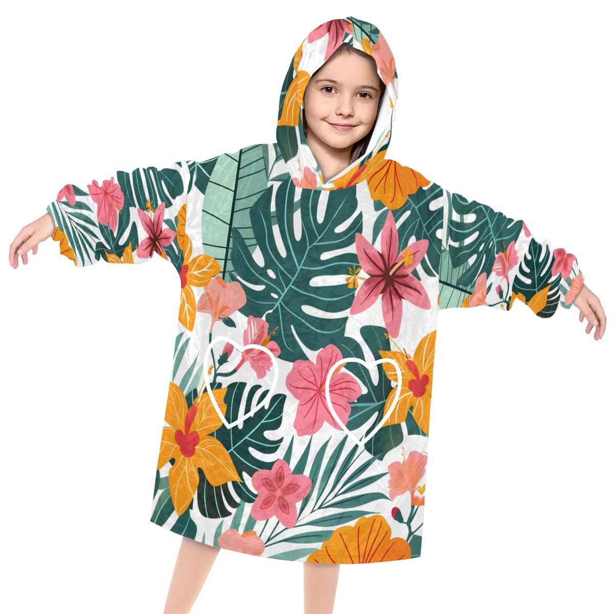 Pardick Wearable Blanket Hoodie for Kids, Lovely Flowers Fleece Sweatshirt Blanket Oversized Blanket Sweatshirt with Pocket Flannel Warm Hooded Blanket 6-10 Year Old Girl Boy Gift, One Size