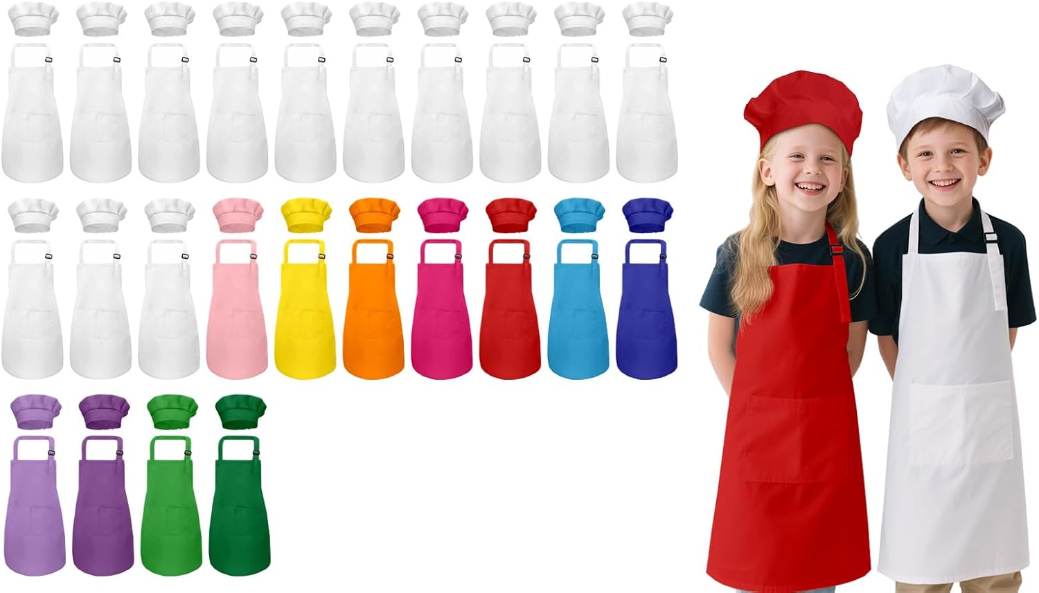 Kids Apron and Chef Hat Set, 48 Pieces Boys Girls Kids Apron with 2 Pockets Adjustable for Cooking Classroom Baking Painting, 6-13 Years, Bright Color