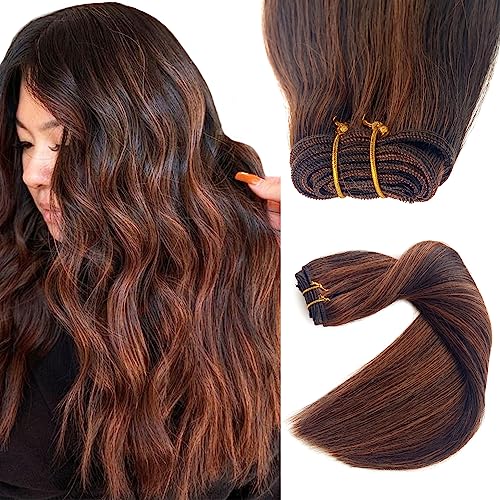 Image of Sew in Hair Extensions Real Human Hair,Weft Hair Extensions Human Hair 14 Inch 80G Dark Brown Balayage Auburn Brown Highlights Hand Tied Weft Hair Extensions Human Hair Bundles Sew in Weft Extensions