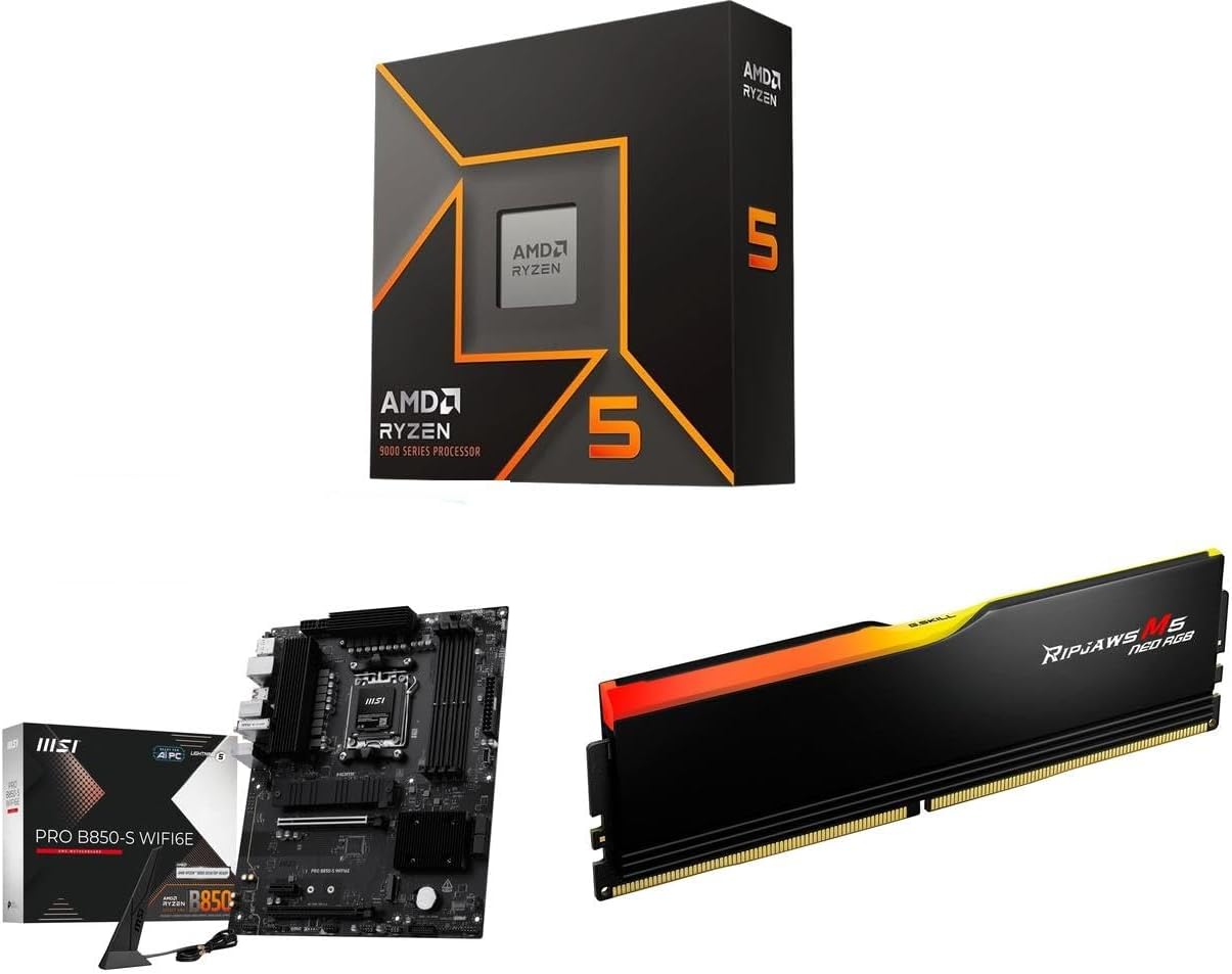 Newegg CPU Motherboard Memory Combo - Ryzen 5 9600X with PRO B850-S WIFI6E 6Gb/s 5G Network Wi-Fi6E Motherboard and Ripjaws M5 Neo RGB Series 16GB 288-Pin PC RAM DDR5 6000 (PC5 48000) Desktop Memory