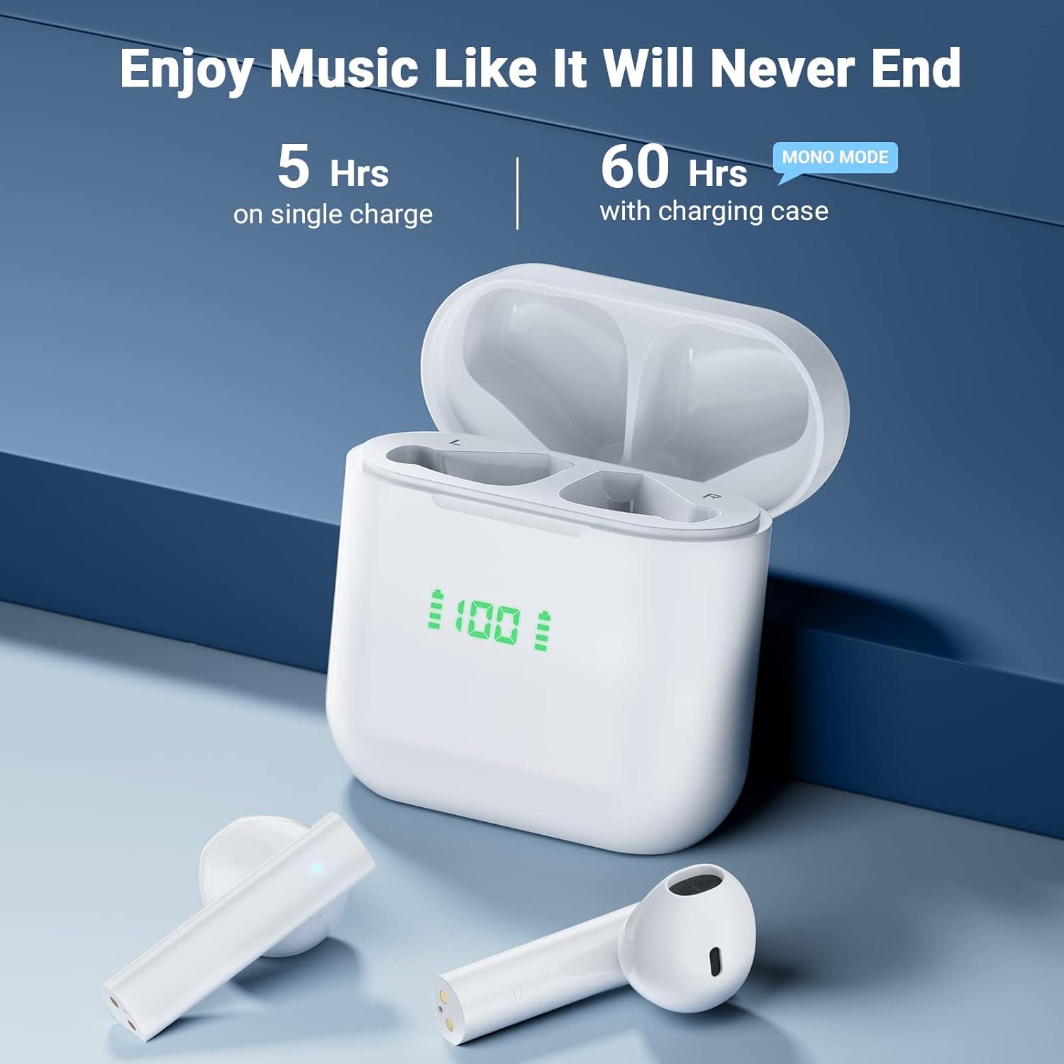 Wireless Earbuds Bluetooth Headphones 60Hrs Playback Clear Call Wireless Charging Case with LED Power Display Built-in Mic Stereo Headset Sweatproof occiam Waterproof Earphones for Workout White : Electronics