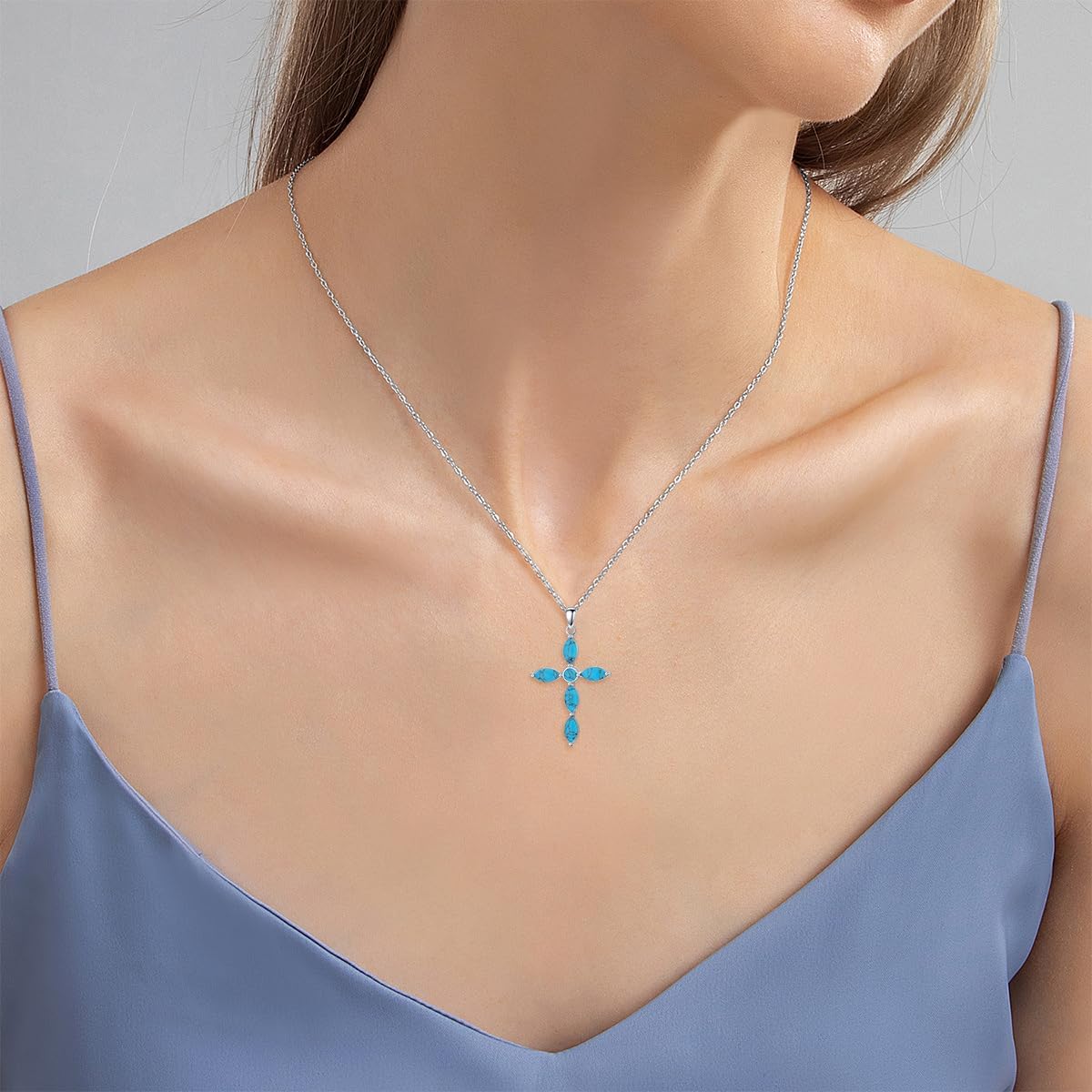 PEIMKO 925 Sterling Silver Genuine Turquoise Cross Pendant Necklace Vintage Boho Victorian Style Jewelry Gifts for Women Mothers - Image 3