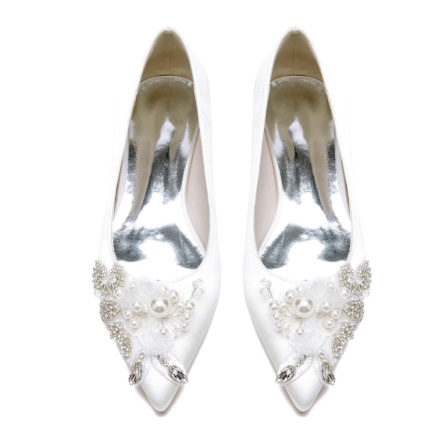 Scarpe col Tacco Basse Donna a Punta Decollete a Punta Chiusa Strass Fiore Sandali con Raso da Sposa per Affari e Lavoro