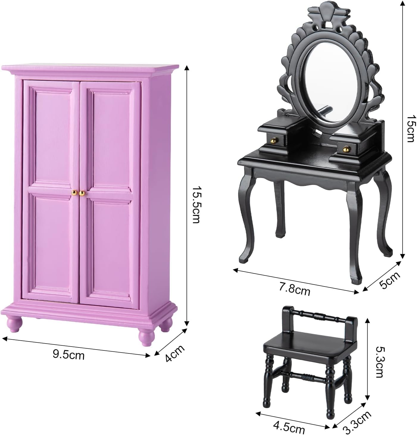 Minamzee 8Pcs 1:12 Dollhouse Bedroom Furniture Set Miniature Black Metal Bed with Bedding, Wooden Bedside Table, Lamp - Image 2