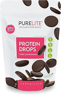 PURELITE Protein Drops Zartbitter, vegan, Low-Carb, proteinreich (20 g/100 g), ohne Zuckerzusatz, mit Erythrit & Stevia, zum Snacken, Backen, Fondue, Kuvertüre, 450g
