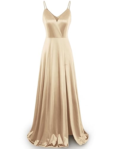 MUXXN Women's Gorgeous Spaghetti Strap V Neck Stain Split Evening