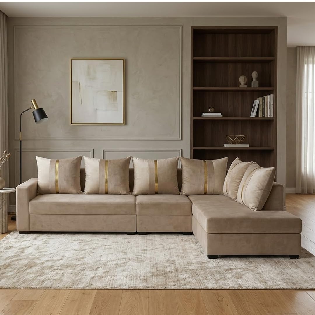 CASASTYLE Gloriza Velvet-Suede Fabric 6 Seater RHS Sofa Set (Beige) | Comfortable & Spacious Seating | Modern Sofa Set for Living Room-image-26