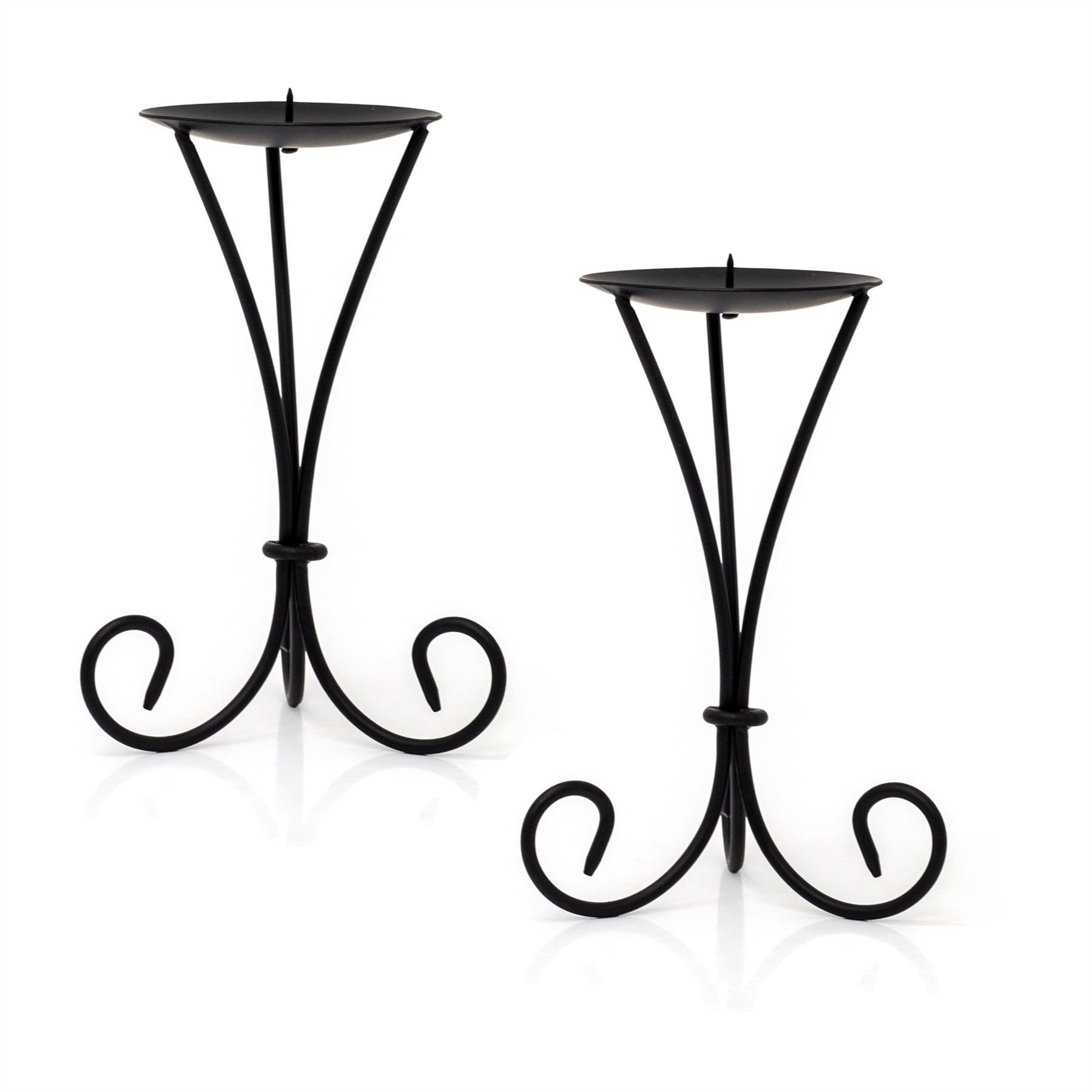 Carousel Home Black Set Of 2 Tall Metal Scroll Candle Holders | Pack Of 2 Pillar Candle Holders Candlesticks | Candle Plates With Spike - 21Cm