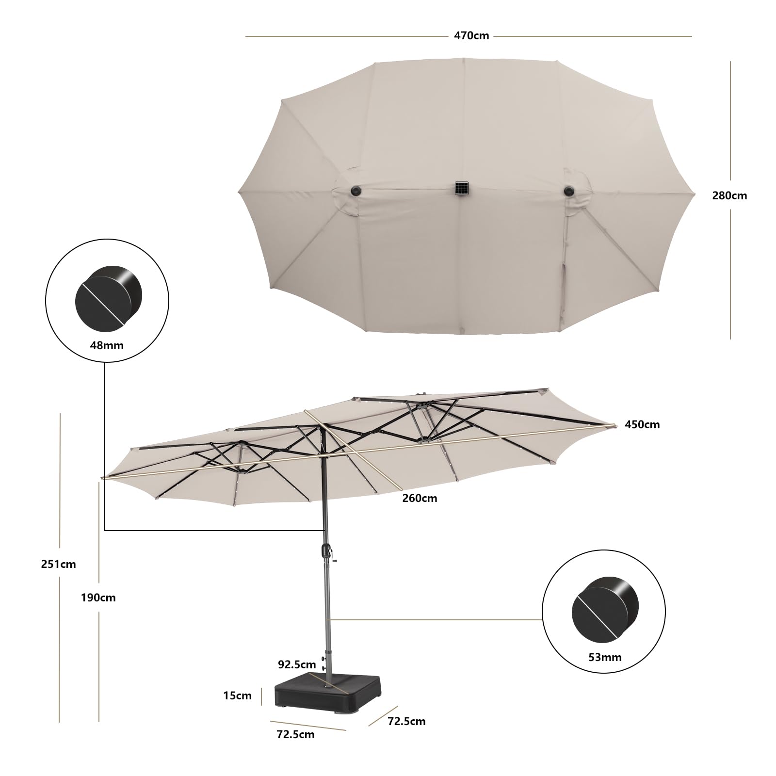 KOMFOTTEU Ombrellone da giardino doppio con 48 luci a LED, 450 x 260 cm, ombrellone rettangolare UPF 50+, grande ombrellone pieghevole per patio, piscina, terrazza, caffè, cortile