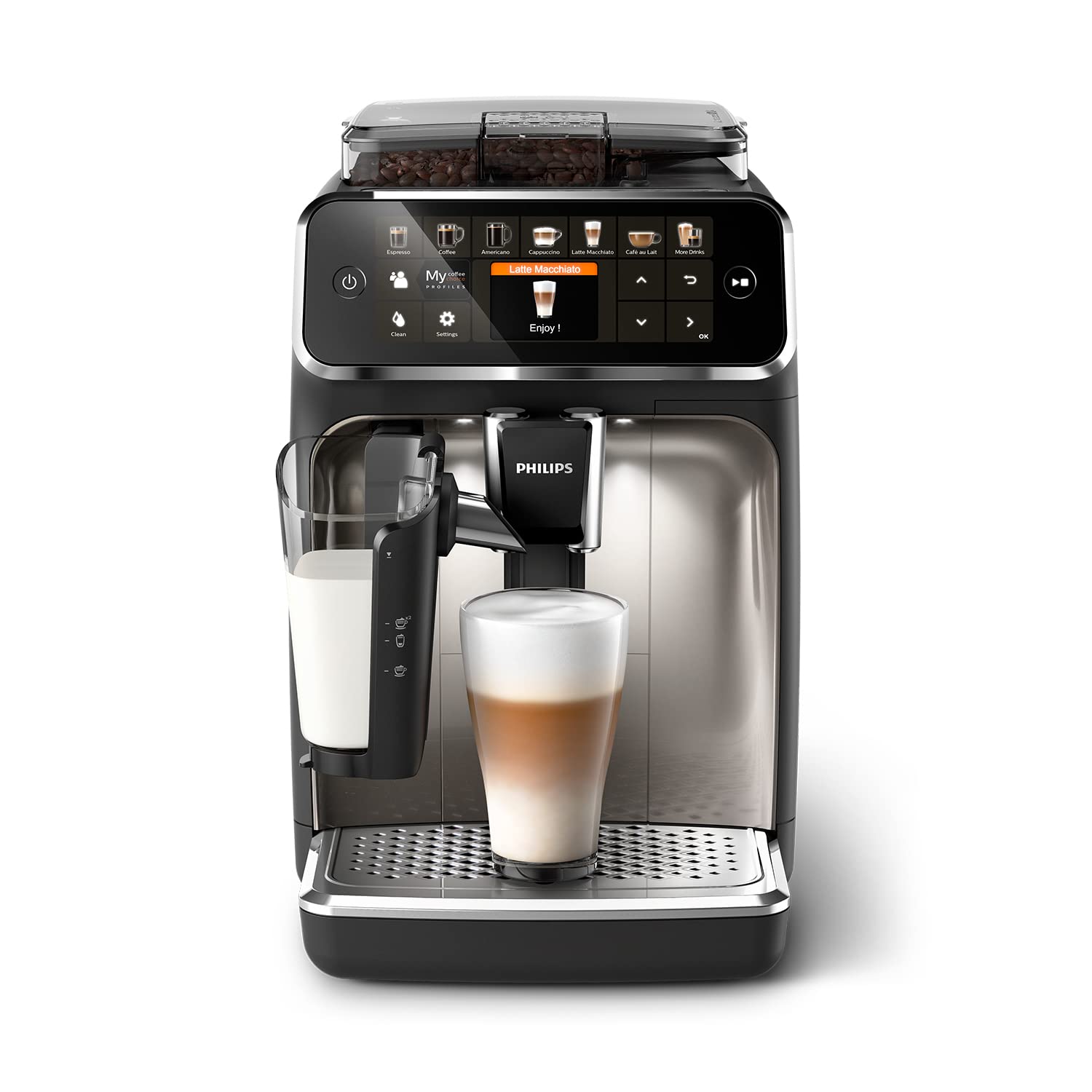 Philips 5400 Series Macchina da Caffè Automatica - Montalatte LatteGo, 12 Bevande, Display Intuitivo, 4 Profili Utente, Cromato (EP5447/90)