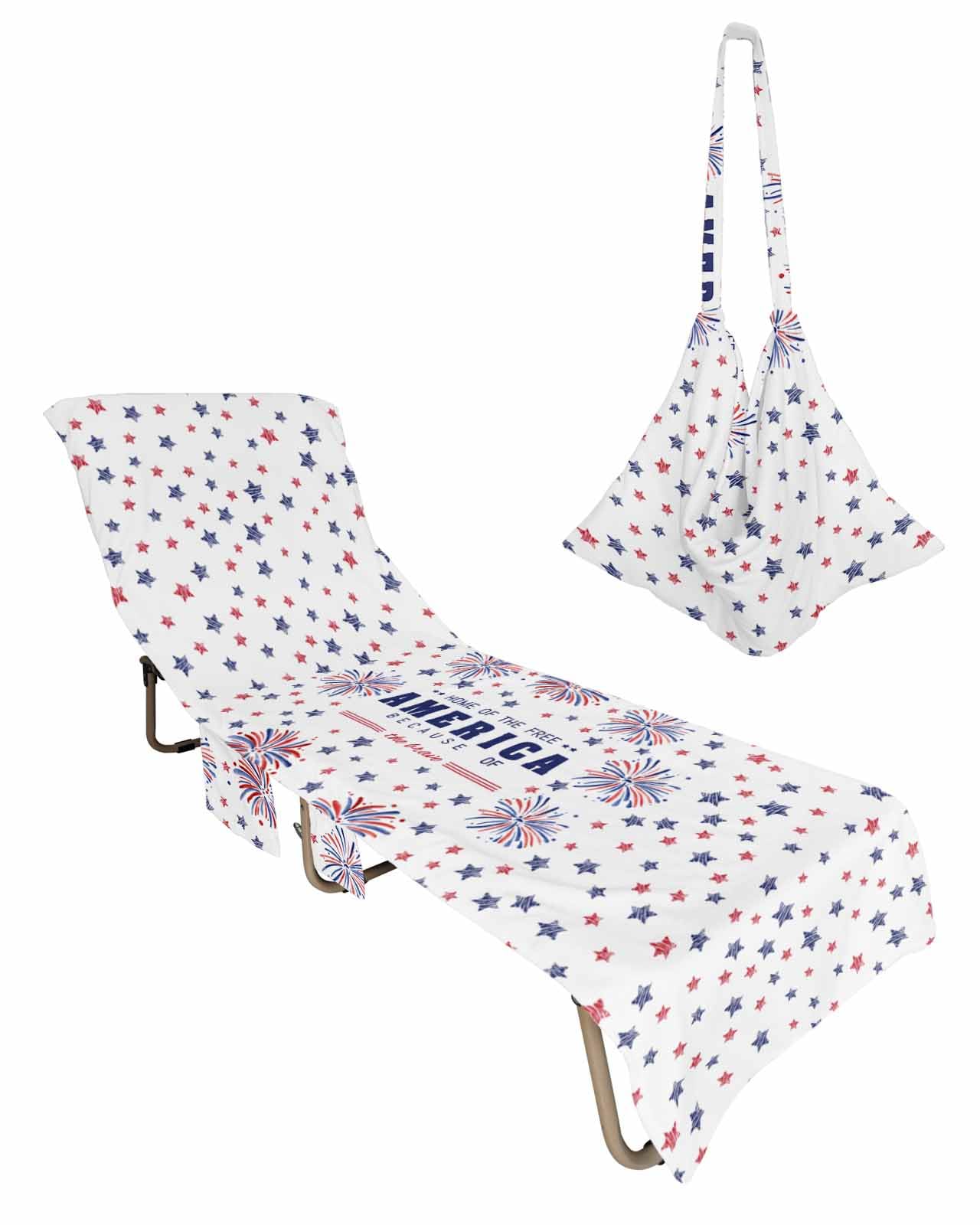 4th of July Beach Lounge Chair Towel Cover, Soft Chaise Lounge Towel with Side Pockets Patio Pool Chairs Cover for Beach/Pool Sunbathing 29x85 Watercolor Blue Red Star Fireworks