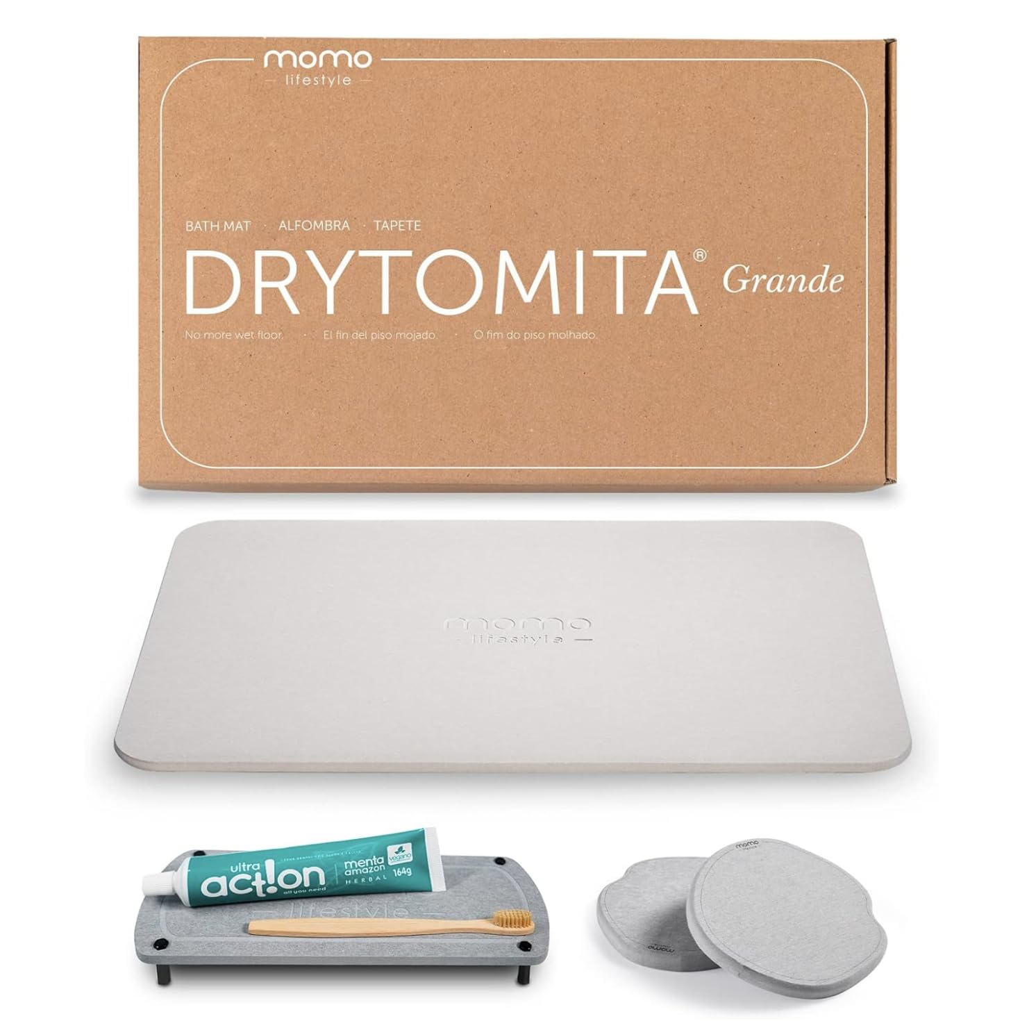 Momo Large Stone Bath Mat 31.5" X 19.7" Linen Grey + Stone Sink Caddy