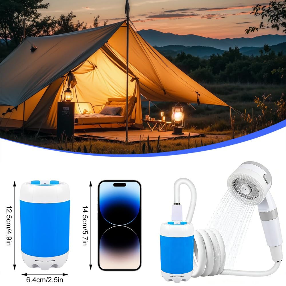 Ducha de camping con bomba, ducha de camping con bomba, ducha de camping portátil con 5000 mAh, manguera de 2 m, carga USB, ducha portátil eléctrica para jardín, viajes, lavado de mascotas