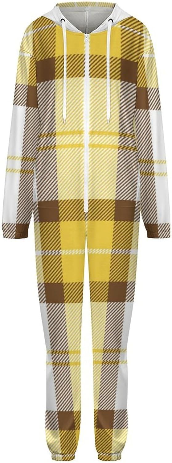 Yellow And Brown Tartan Buffalo Plaid Adult Pajamas Onesie with Hood Pocket Jumpsuits One Piece Sleepwear