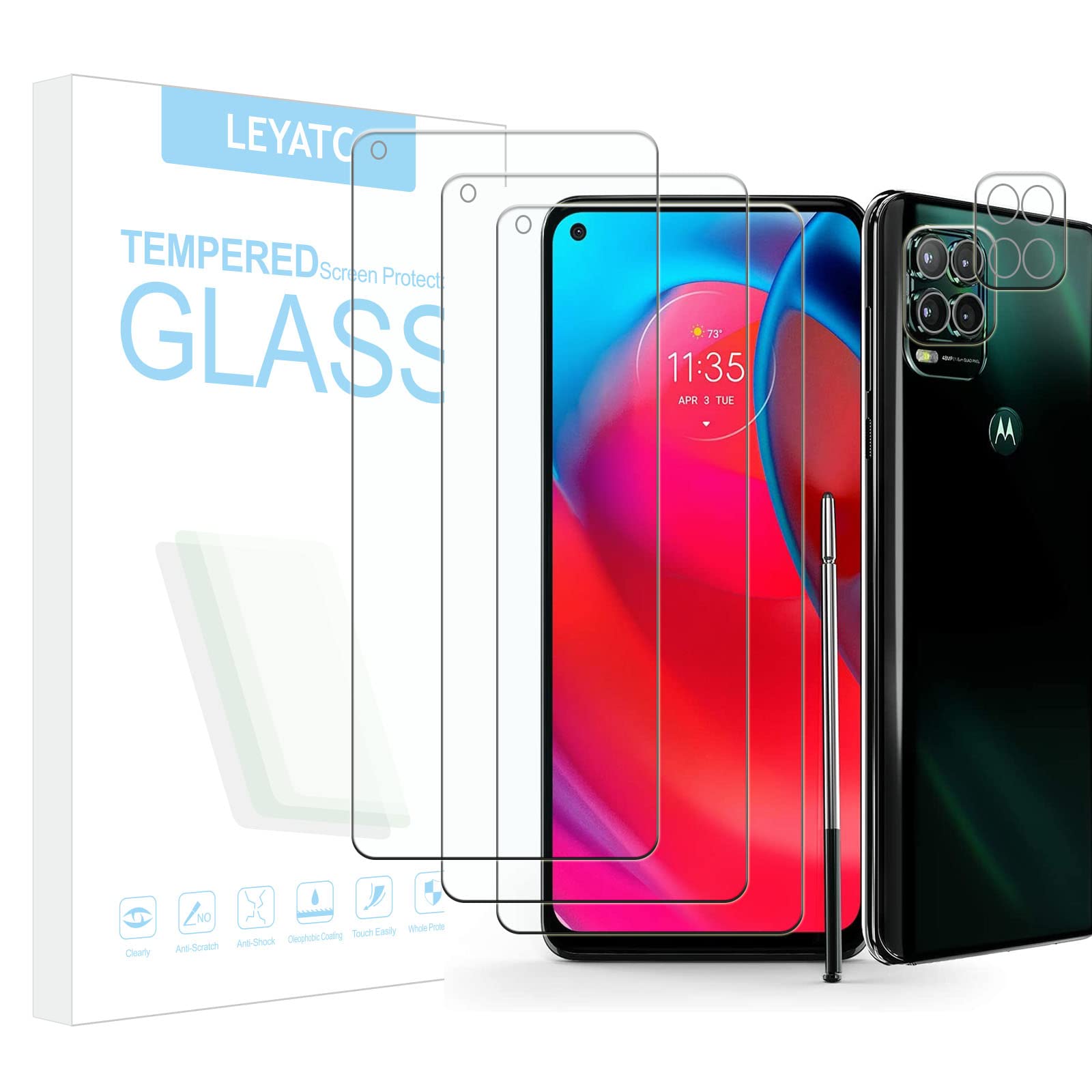 [3+2 Pack] 3Pack for Motorola Moto G Stylus 5G 2021 HD Clear Glass Screen Protector +2Pack Camera Lens Protector, Film [9H][Bubble-Free] [Shatter Proof] [Anti-fingerprint] [Easy Installation]