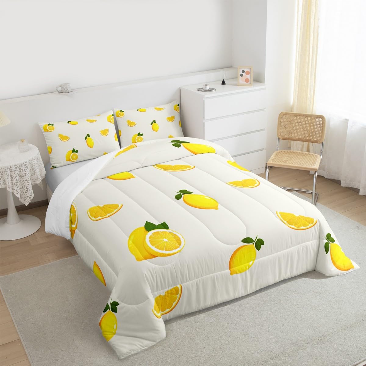 Bettwäsche-Set mit Zitronenmuster, Queen-Size-Größe, gelber Obstdruck, für Kinder, junger Mann, kühles Sommer-Bettwäsche-Set für Teenager, Kinderzimmer, Dekoration, Cartoon-Zitrone, gestepptes