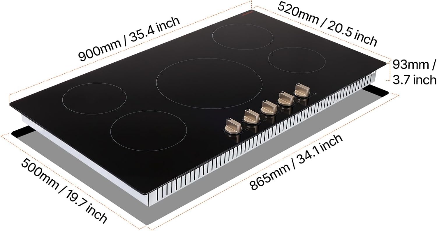 9200W 5 Burner Induction Cooktop Electric Countertop Burner Knob Control High-Powered Induction Cooktop: The 9200W built-in electric stove offers fast and even heating, with 12 adjustable power leve