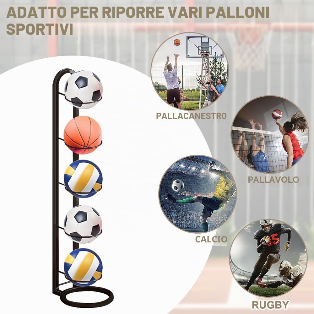 Kleemeiero Rastrelliera per Palloni Verticale 5 Livelli Porta Pallone da Calcio Basket Pallavolo, Nero