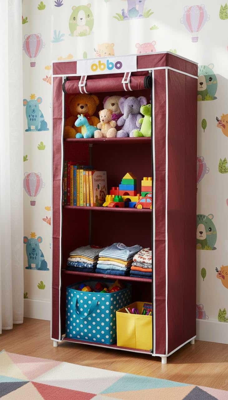 OBBO 4-Layer Single Rack Wardrobe – Foldable Portable Fabric Closet with Dustproof Cover | Steel Frame Cloth Storage Organizer for Clothes, Toys, Books & Accessories