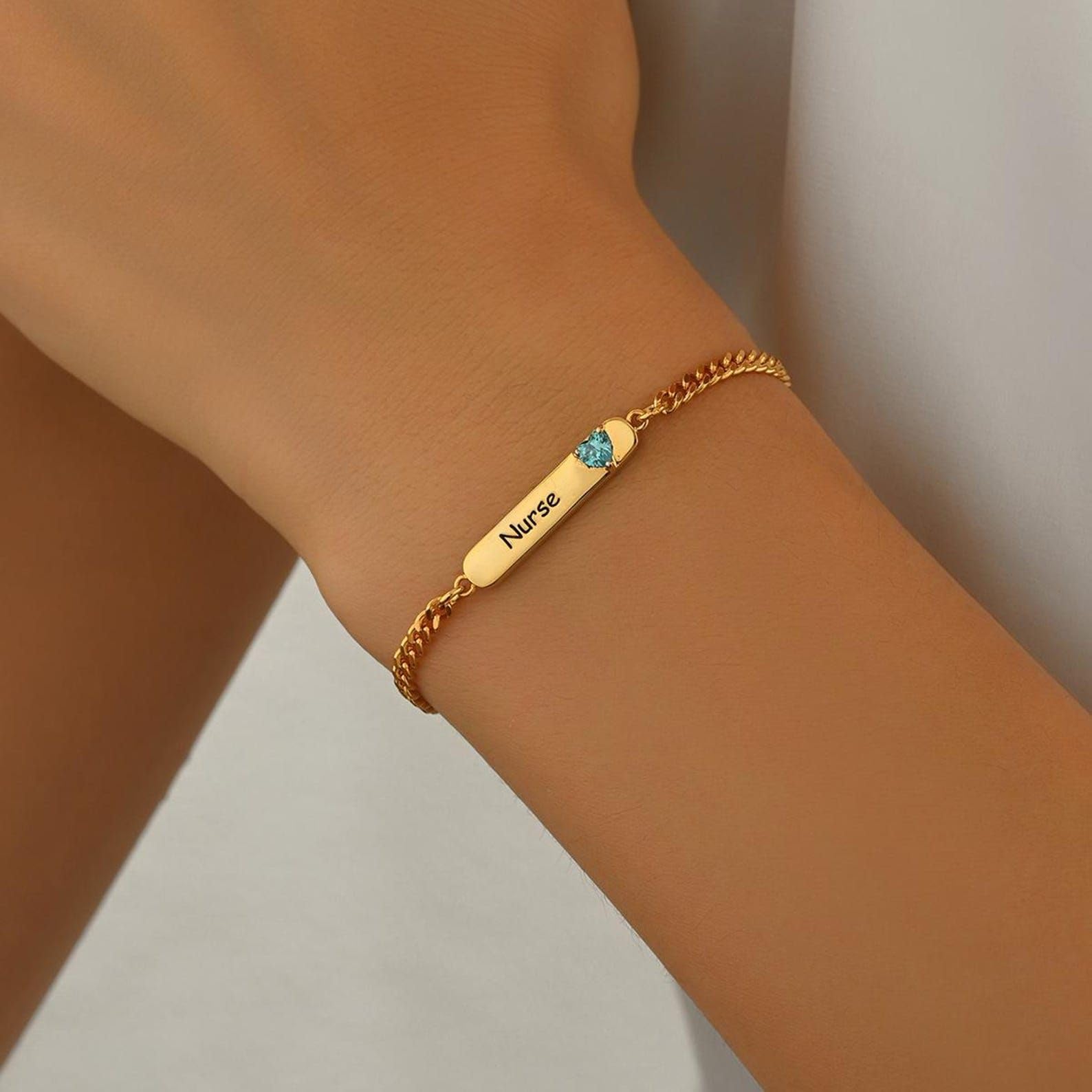 Nombre barra Pulsera de piedra de nacimiento 925 Pulsera de oro de plata con piedras preciosas Nombre grabado para mamá cumpleaños hecho a mano