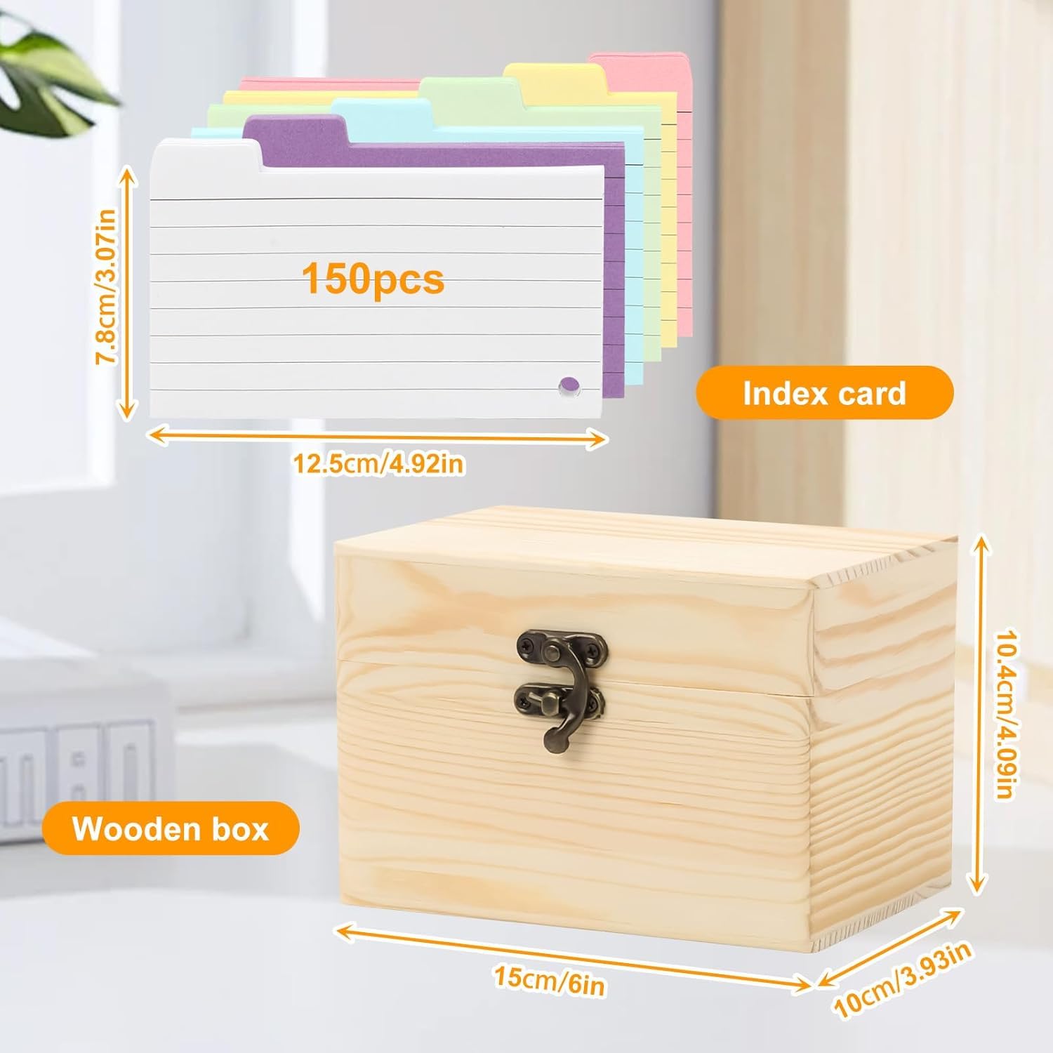 Scatola per schedari formato, in legno con coperchio, con 150 schede, cassetta vocabolario per esami vocali, allenamento vocabolario e apprendimento quotidiano