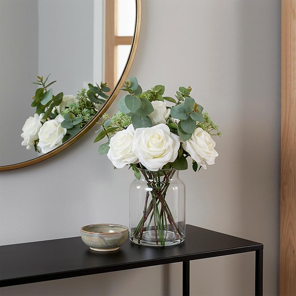Fake Flowers in Vase with Faux Water - Artificial White Roses & Eucalyptus Arrangement for Farmhouse Dining Table Centerpiece Home Office Coffee Table Decor