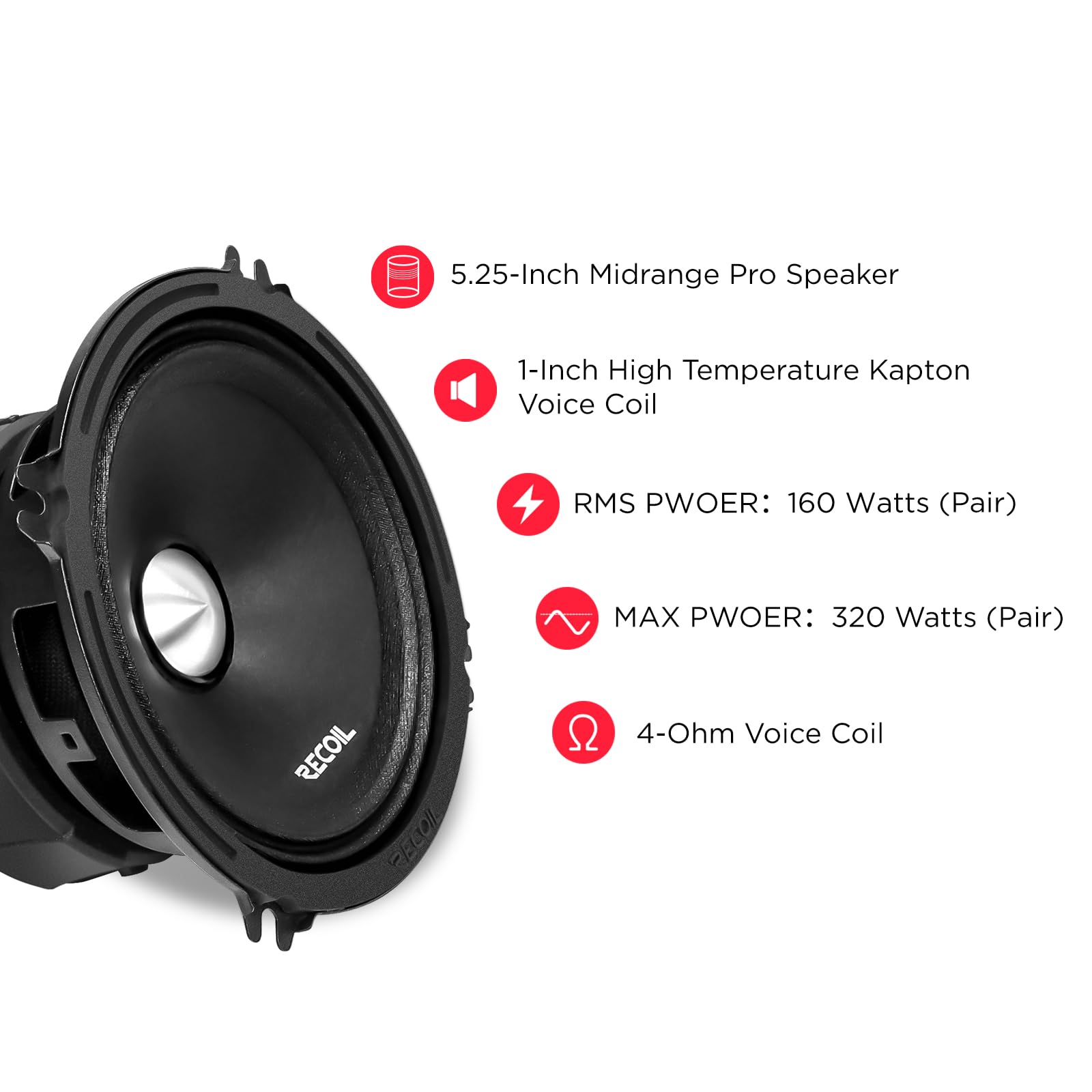 RECOIL MS525-4P 130mm Altoparlanti Midrange Auto Pro 320W 4 Ohm Coppia | Altoparlanti 5,25", 320W Max, 160W RMS, Bobina Kapton 1", Magnete Ferrite – Midrange per Porta Auto