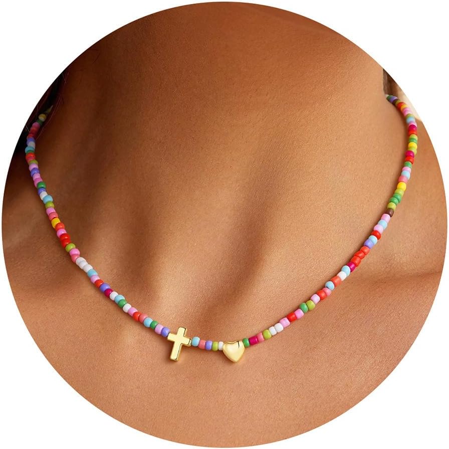 Turandoss Cross Necklace for Women - 14K Gold Plated Heart Necklace Dainty Colorful Beaded Cross Choker Necklaces for Women Trendy Holy Mary Medal Pendant Necklaces Baptism Birthday Christian Religious Gifts
