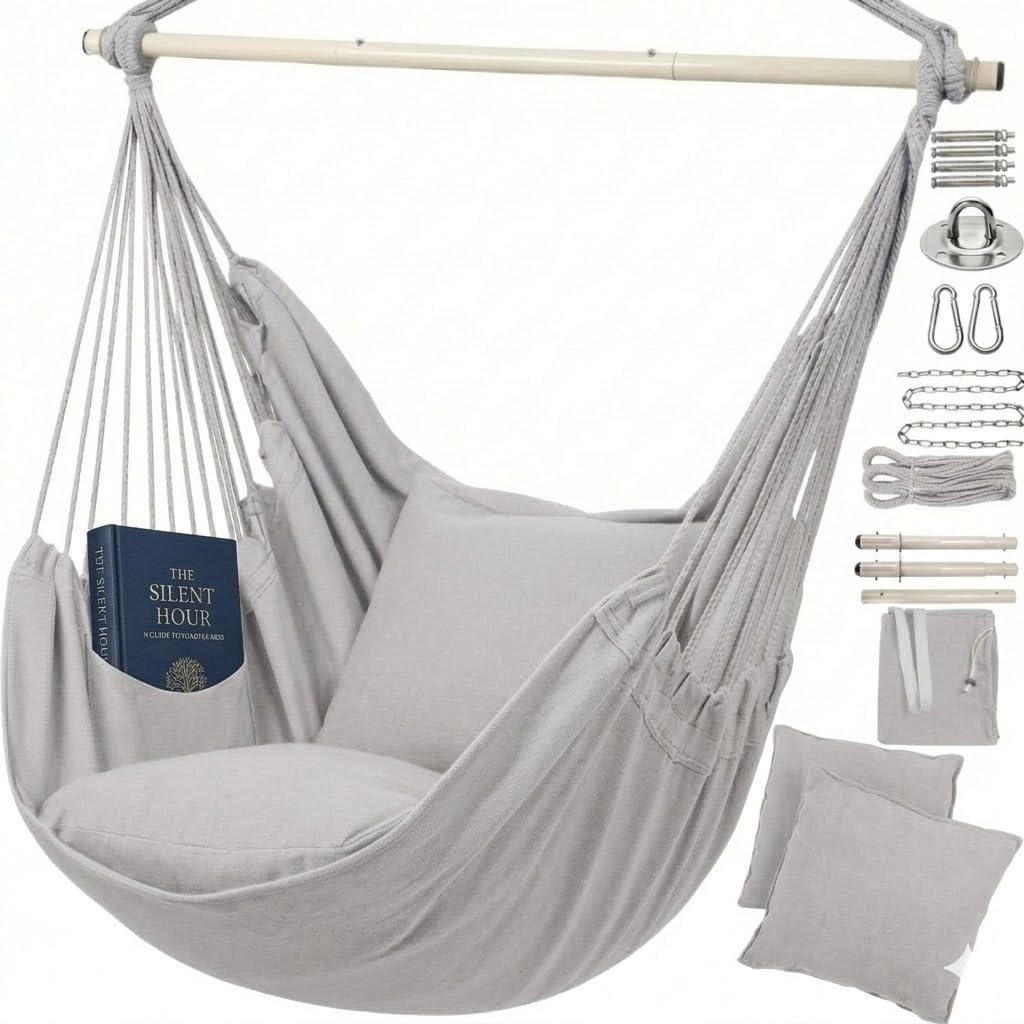 Hamaca colgante para exteriores, juego completo con 2 cojines y accesorios de montaje, silla colgante para exteriores, para balcón, jardín e interior, cómoda para leer y relajarse, gris claro