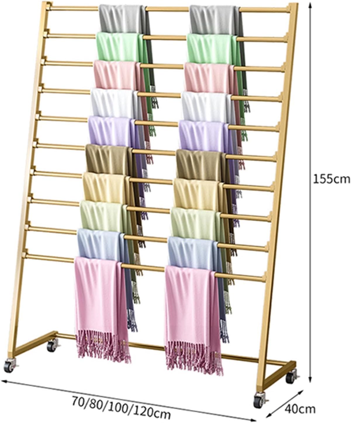 Metal Scarf Holder Organizer Scarf Scarf Display Stand,Freestanding Scarf Display Stand with Wheels,Commercial Retail Shawl Hijab Silk Organizer,Ties Belt Pants Hanging R,Gold,80Cmx40Cmx155Cm