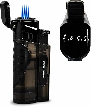 F.e.s.s. Stinger Quad Torch Lighter with Built-in Punch Cutter Wind-Resistant, Refillable Butane Lighter for Cigars and More By Lotus Vertigo Charcoal